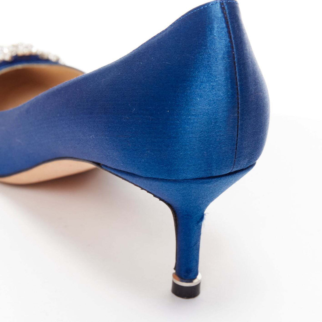 MANOLO BLAHNIK Hangisi 50 blue satin crystal buckle teacup heeled pumps EU36.5