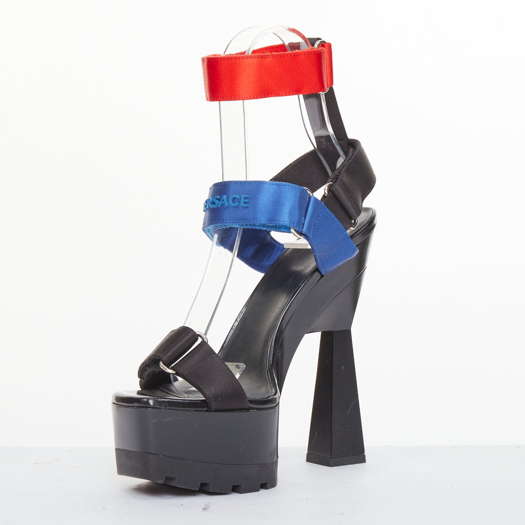 VERSACE 2016 Runway technical satin block heel lug platform sandals EU37 US7