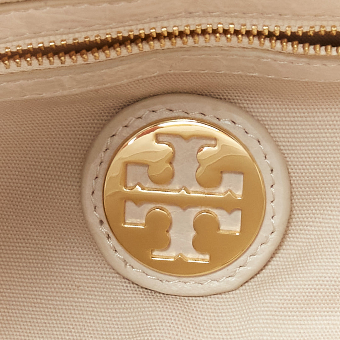 TORY BURCH white textured leather logo patch gold hardware A4 tote bag