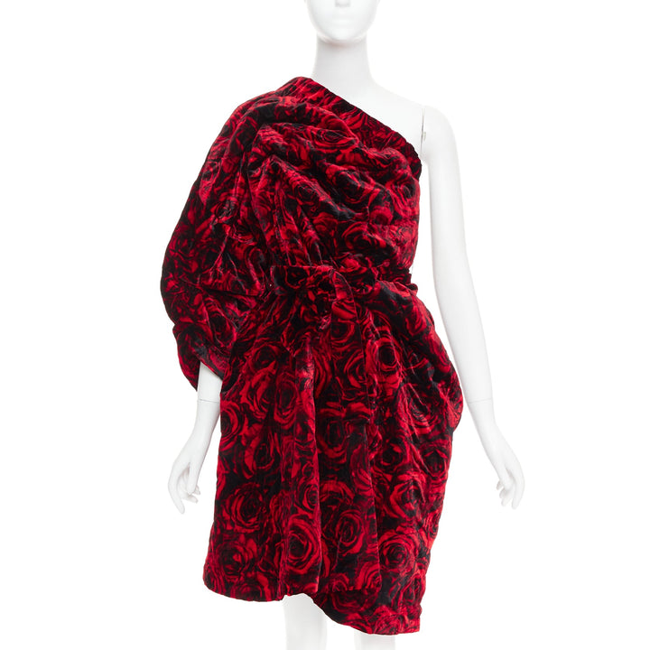 DRIES VAN NOTEN Runway Delta red rose velvet quilted one shoulder dress FR38 M