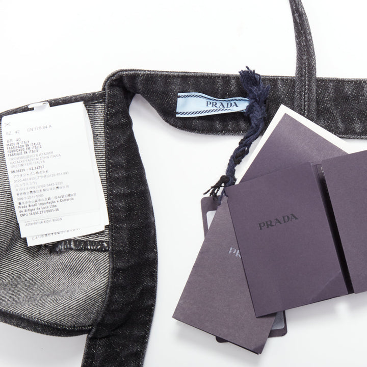 PRADA 2022 dark grey denim black triangle logo plaque bralette crop top IT42 M