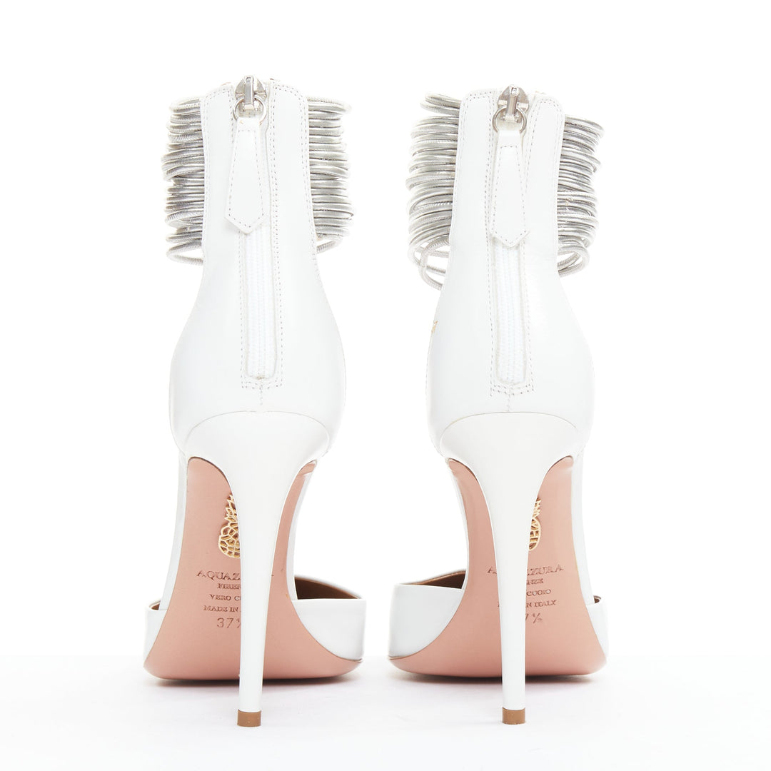 AQUAZZURA Hello Lover 105 white calf silver corded ankle strap pumps EU37.5