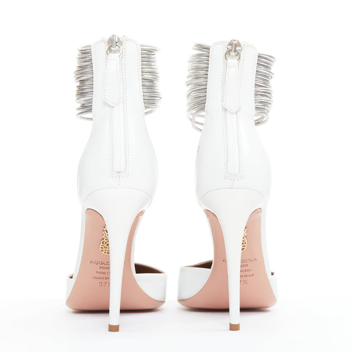 AQUAZZURA Hello Lover 105 white calf silver corded ankle strap pumps EU37.5