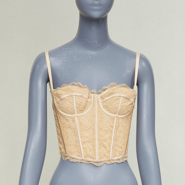 GUCCI 2022 Runway Aria nude beige GG monogram net lace corset bustier top S