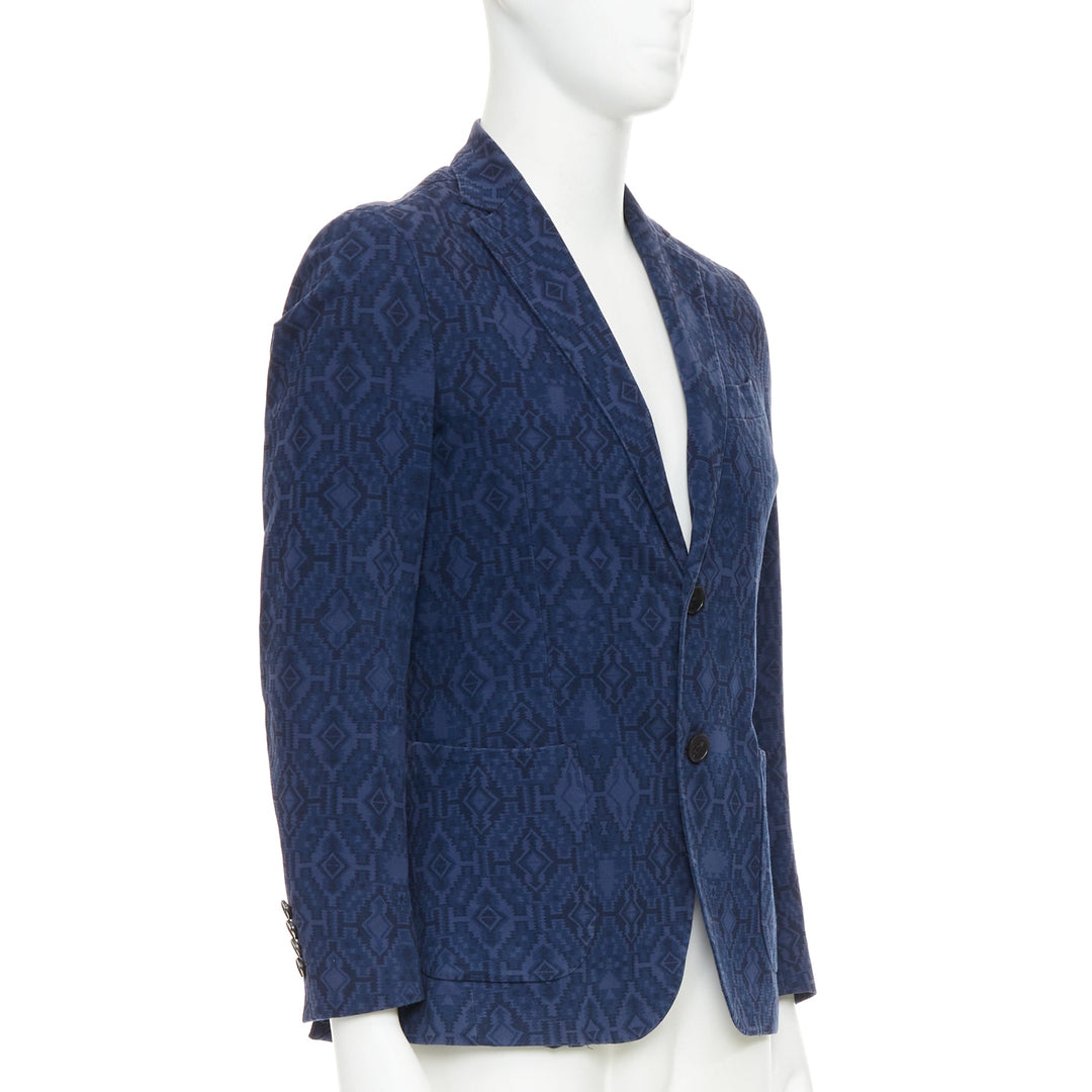 ETRO navy cotton blend aztec print single breasted fitted blazer IT48 M
