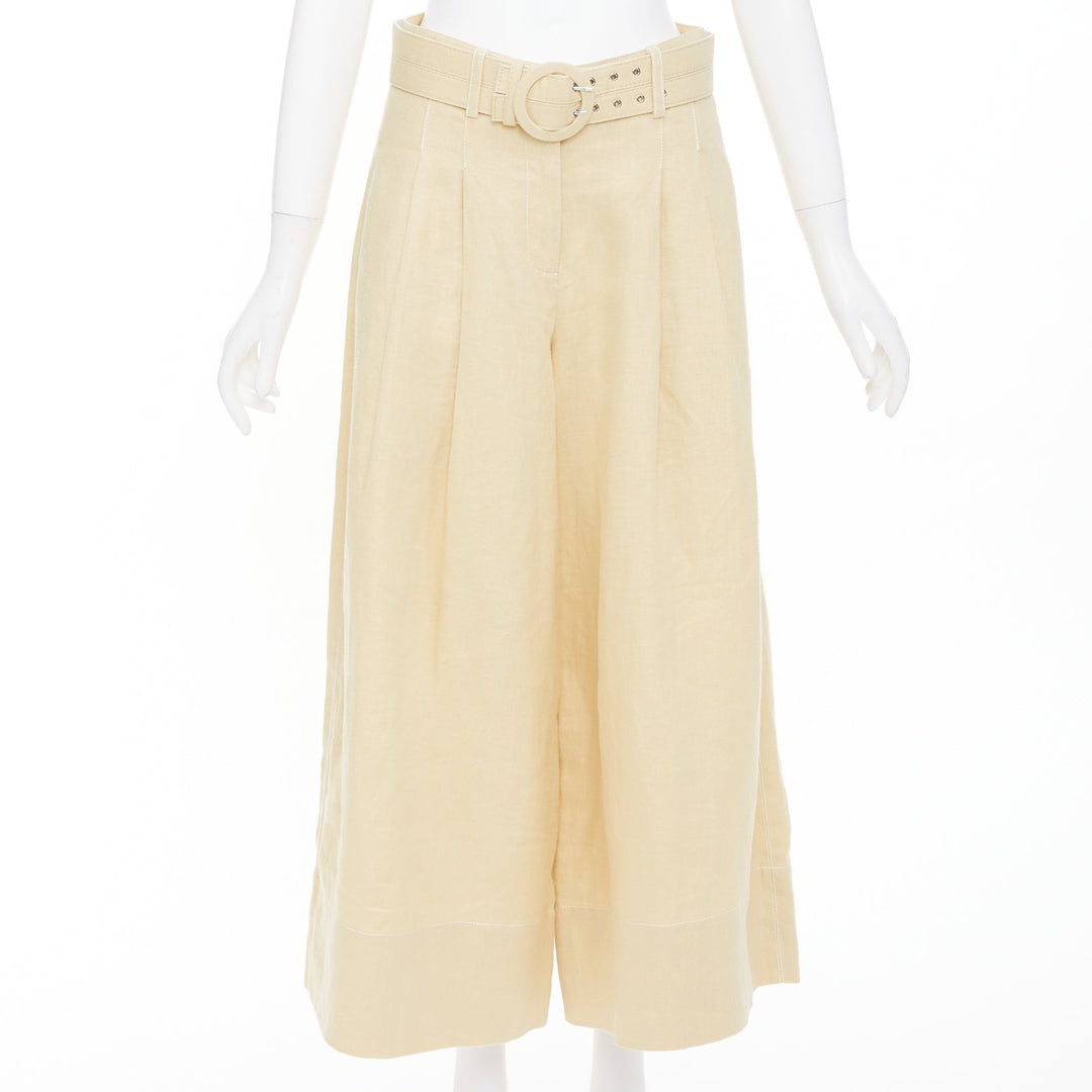 NICHOLAS beige linen belted pleated front wide leg cropped utility pants FR36 S