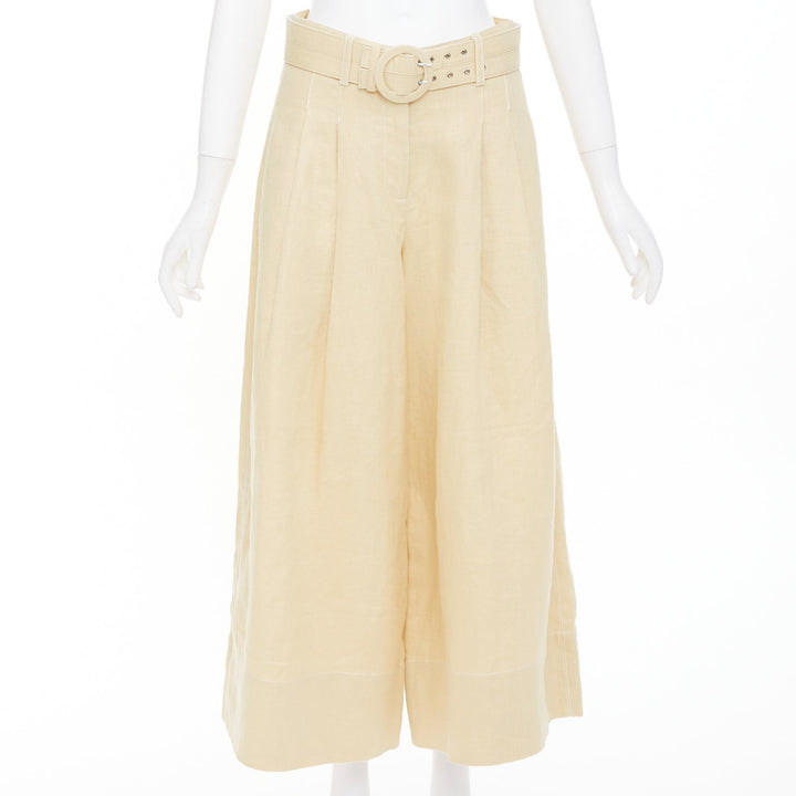 NICHOLAS beige linen belted pleated front wide leg cropped utility pants FR36 S