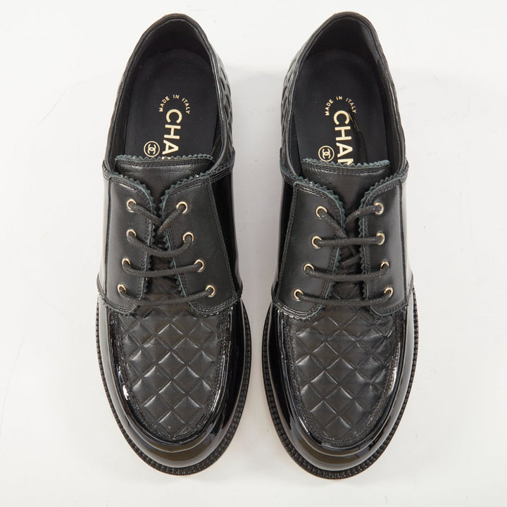 CHANEL 2017 Paris Havana black matelasse quilted panel derby oxfords EU38.5C