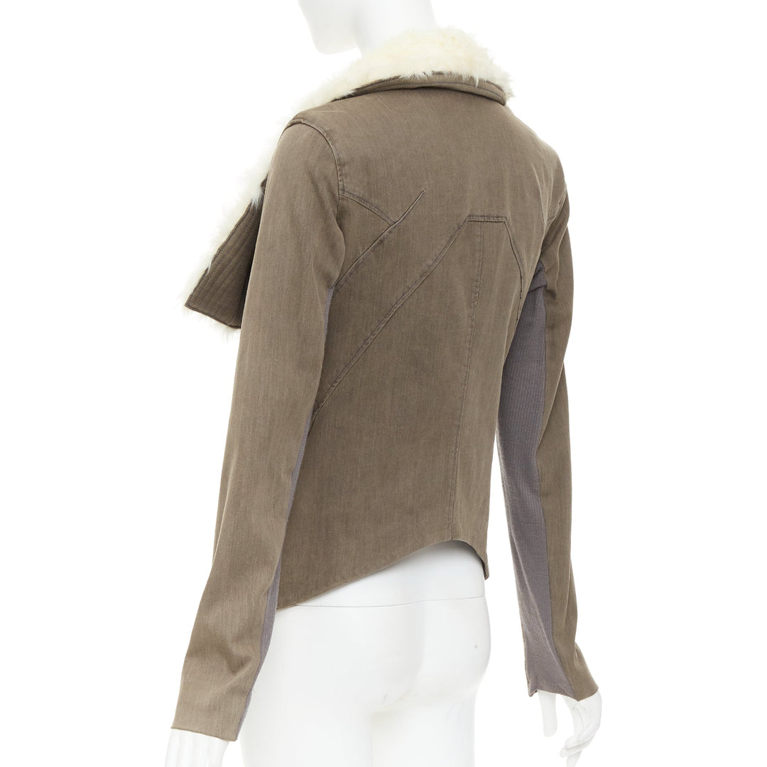 HELMUT LANG cream lambskin fur collar brown cotton blend flare jacket M
