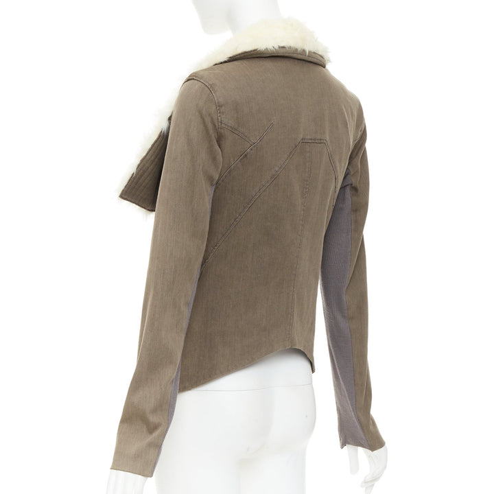 HELMUT LANG cream lambskin fur collar brown cotton blend flare jacket M