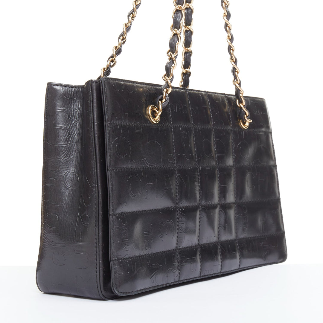 CHANEL Vintage 2002 Chocolate Bar black leather logo embossed chain tote bag