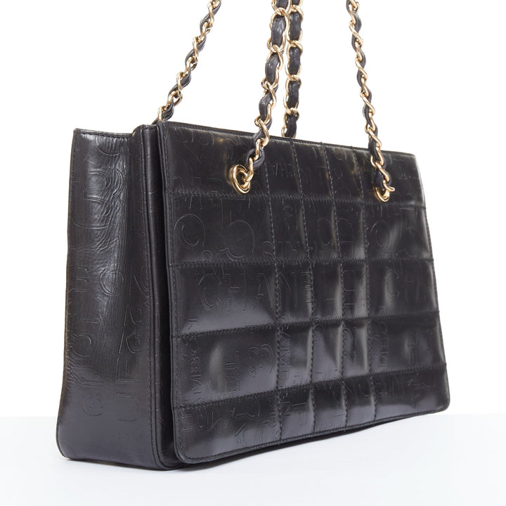 CHANEL Vintage 2002 Chocolate Bar black leather logo embossed chain tote bag