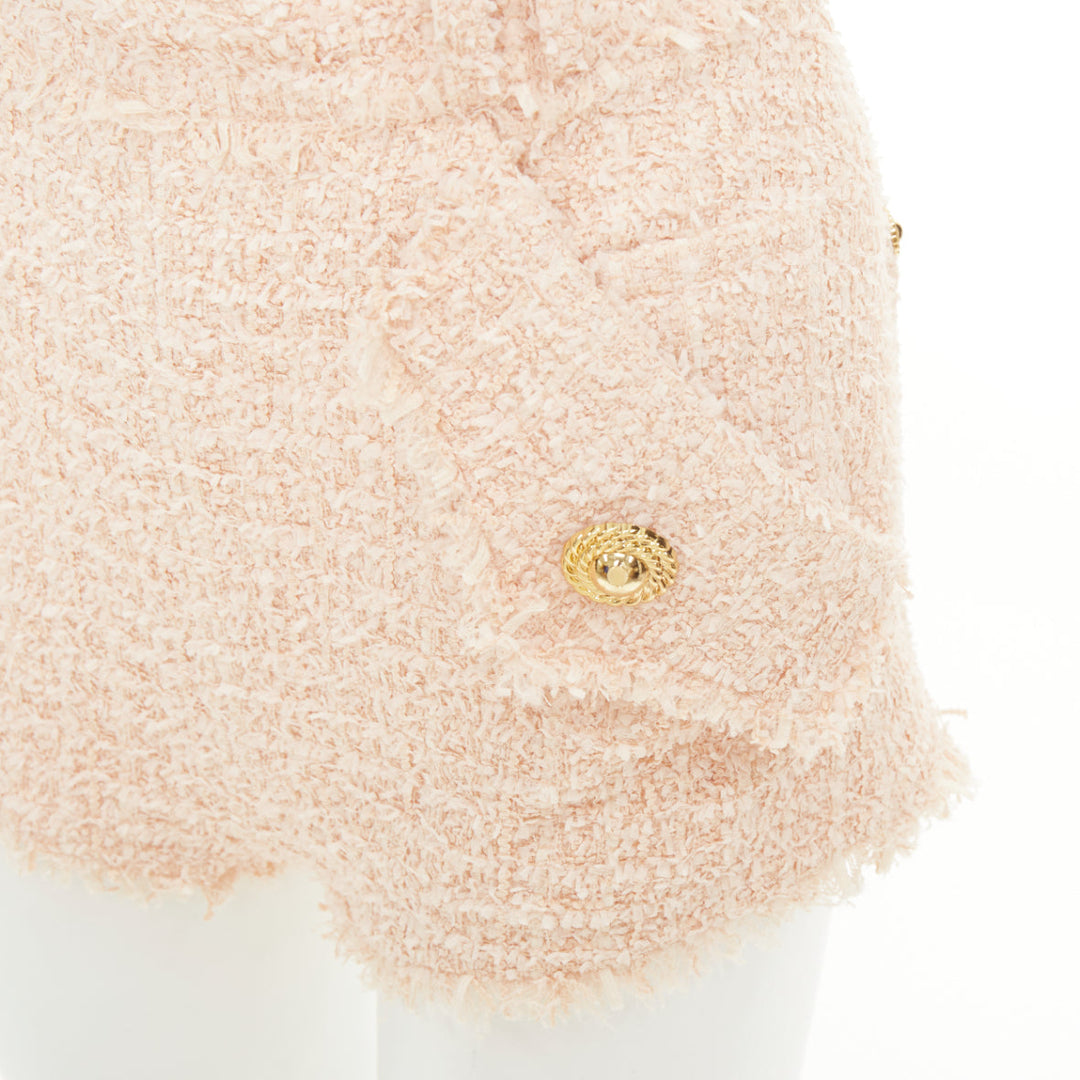 BALMAIN 2024 pink fringe lion head button high waist boucle tweed shorts FR34 XS