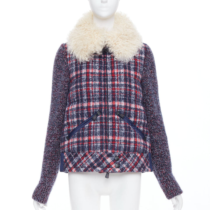 MONCLER GRENOBLE Runway Soleil red blue tweed fur collar down puffer Sz.0 XS