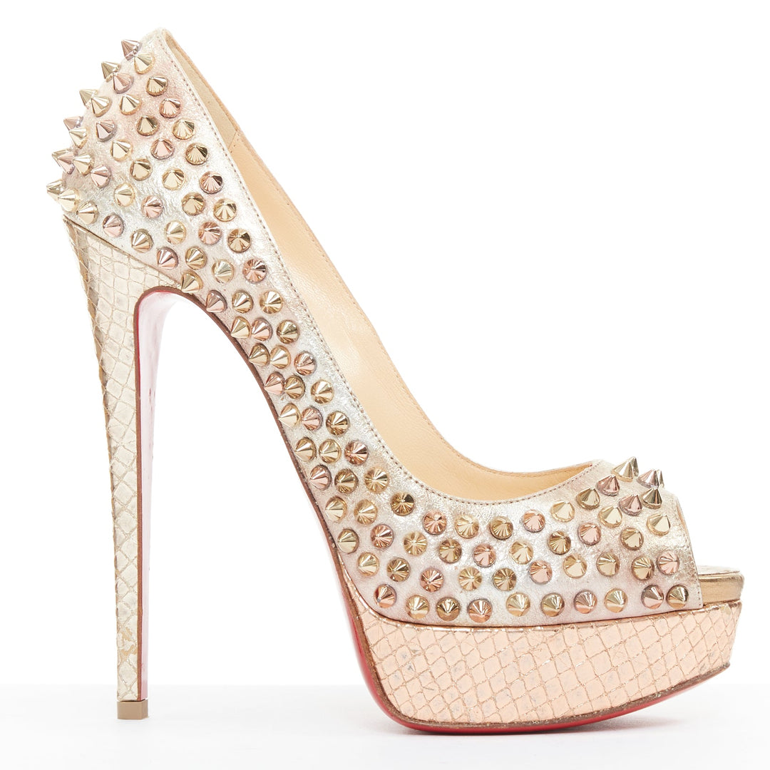 CHRISTIAN LOUBOUTIN Lady Peep 150 metallic gold studded platform peep pump EU38