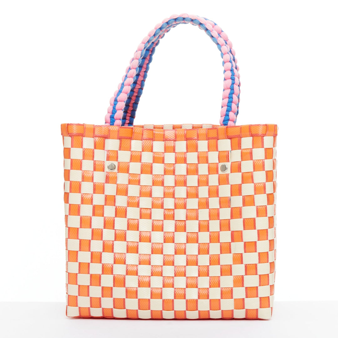 MARNI Basket orange cream straw brown leather tag rope trim top handle bag
