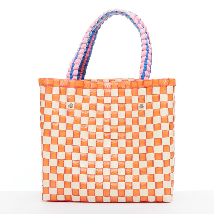 MARNI Basket orange cream straw brown leather tag rope trim top handle bag