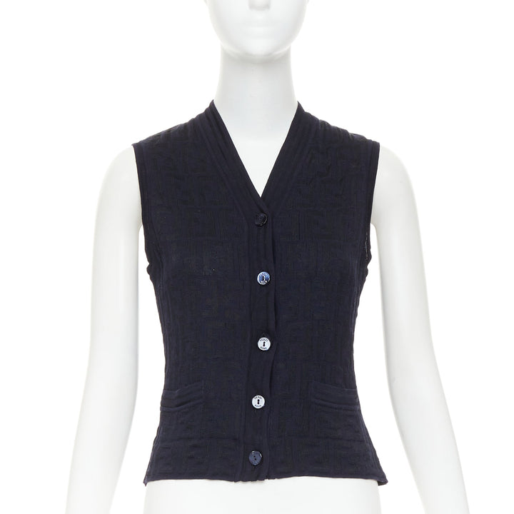 FENDI 1990s Maglia Vintage black navy FF Zucca monogram knit vest top IT40 S