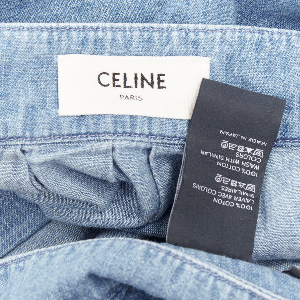 CELINE light blue cotton washed denim gold triomphe logo button midi skirt 27"