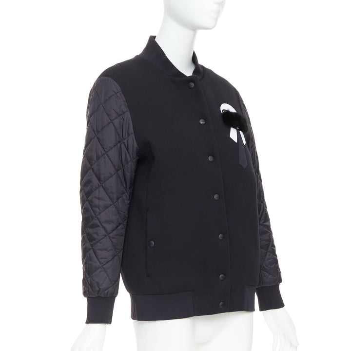 FENDI Karlito black modal blend fur trim quilted bomber jacket IT38 XS