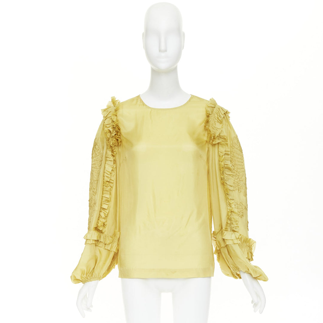 DRIES VAN NOTEN yellow 100% silk ruffle applique puff sleeve blouse FR38 M