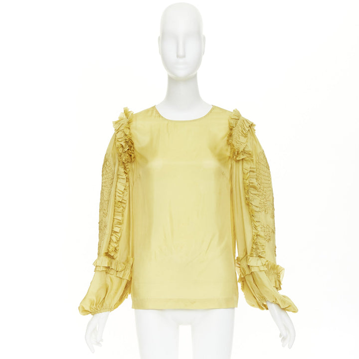DRIES VAN NOTEN yellow 100% silk ruffle applique puff sleeve blouse FR38 M
