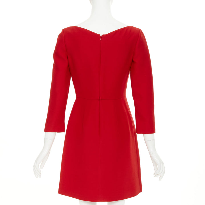 VALENTINO wide V neck structured red wool silk A-line dress IT40 S