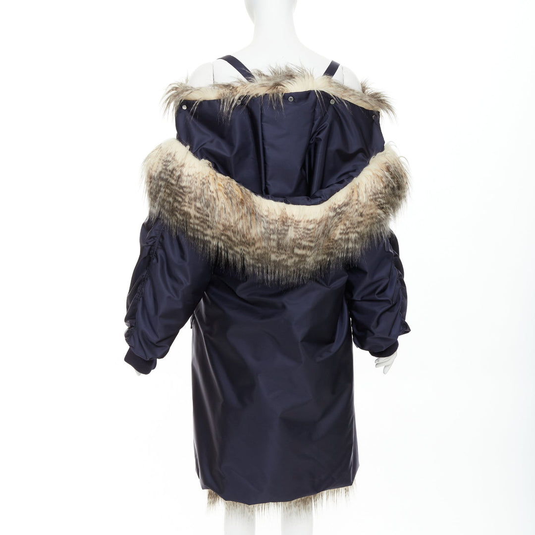 rare PRADA 2021 Runway brown faux fur off shoulder bomber coat IT38 XS Rihanna