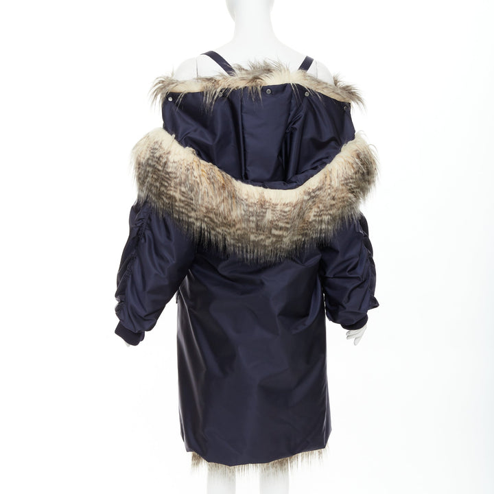 rare PRADA 2021 Runway brown faux fur off shoulder bomber coat IT38 XS Rihanna