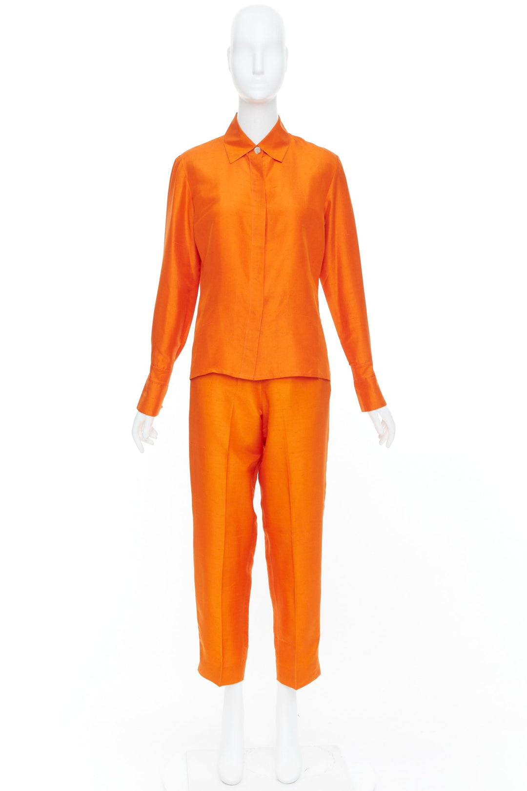 SHANGHAI TANG orange raw silk hidden placket long sleeve shirt trousers set XS