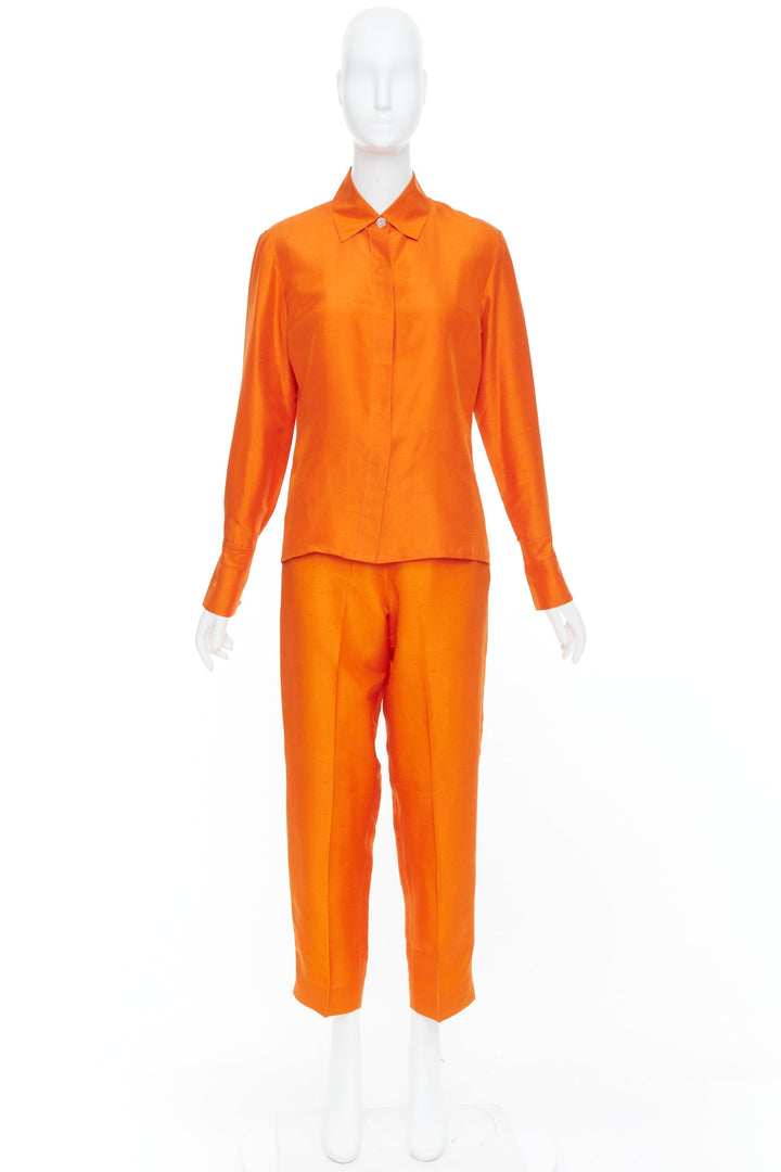 SHANGHAI TANG orange raw silk hidden placket long sleeve shirt trousers set XS