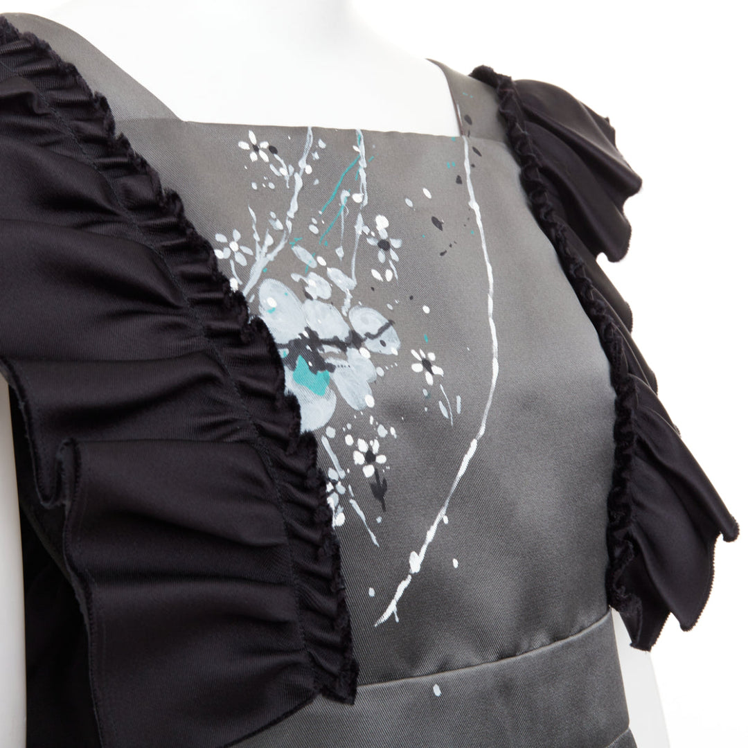 rare MIU MIU 2019 Runway grey black silk ruffle hand painted apron dress IT38 XS