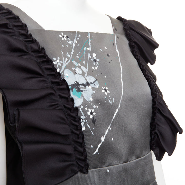 rare MIU MIU 2019 Runway grey black silk ruffle hand painted apron dress IT38 XS