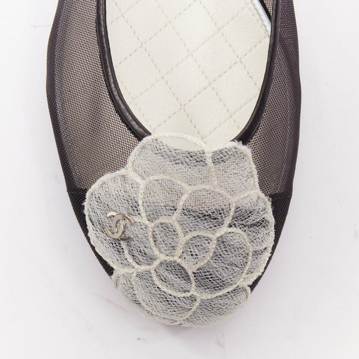 CHANEL 2009 G26433 black sheer mesh leather camellia CC ballerina flats EU37.5