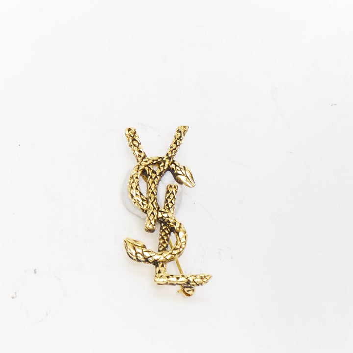 SAINT LAURENT 2022 Cassandre Opyum Snake YSL aged gold textured metal pin brooch