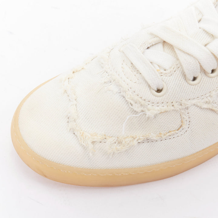 MIU MIU Denim beige raw cut frayed canvas skateboard sneakers EU37