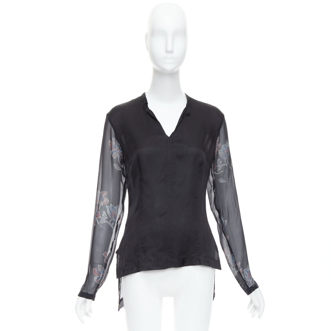 DRIES VAN NOTEN 1990s Vintage 100% silk floral sheer sleeve hi low blouse FR38 M