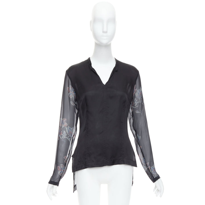 DRIES VAN NOTEN 1990s Vintage 100% silk floral sheer sleeve hi low blouse FR38 M