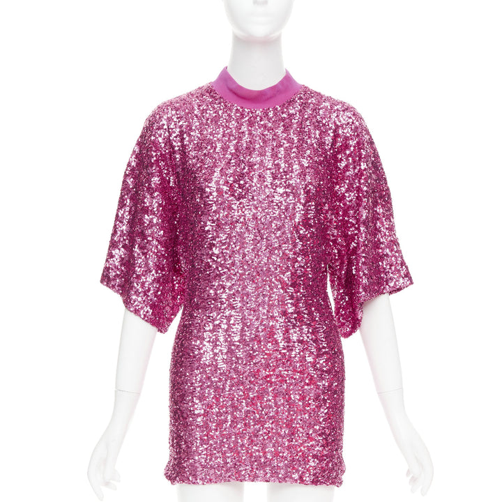 THE ATTICO hot pink sequin dolman sleeves crew neck mini dress IT38 XS