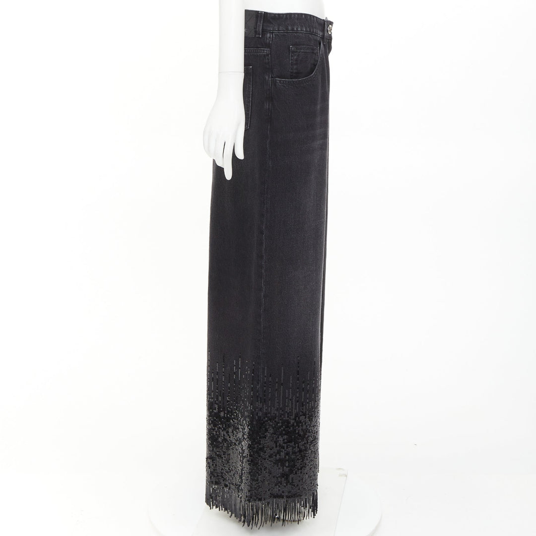 CHANEL 2025 Runway black washed denim sequin fringe wide leg jeans FR40 L