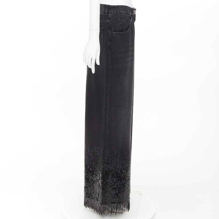CHANEL 2025 Runway black washed denim sequin fringe wide leg jeans FR40 L