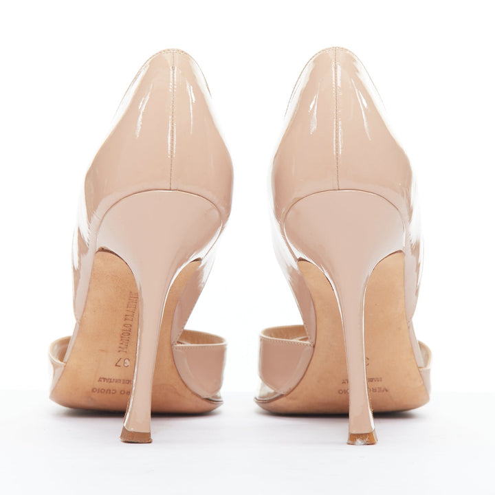 MANOLO BLAHNIK nude patent leather PVC panel peep heels EU37