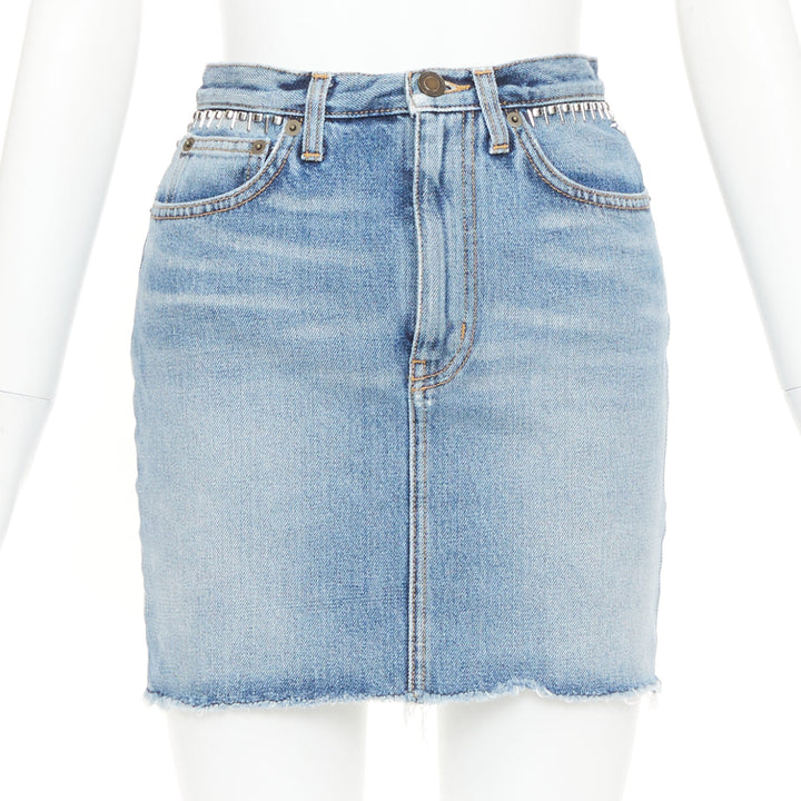 SAINT LAURENT 2016 blue washed denim studded waistband mini skirt 25"