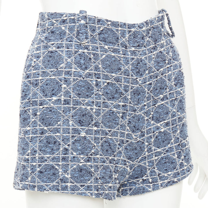 DIOR 2025 Macrocannage sky blue white cotton blend tweed woven shorts FR34 XS