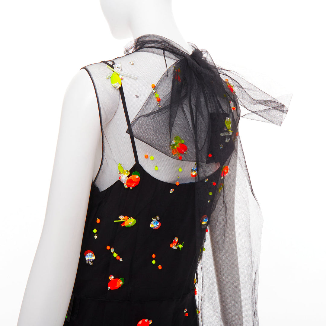 rare PRADA 2018 Runway Abito neon orange black tulle sporty logo dress IT42 M