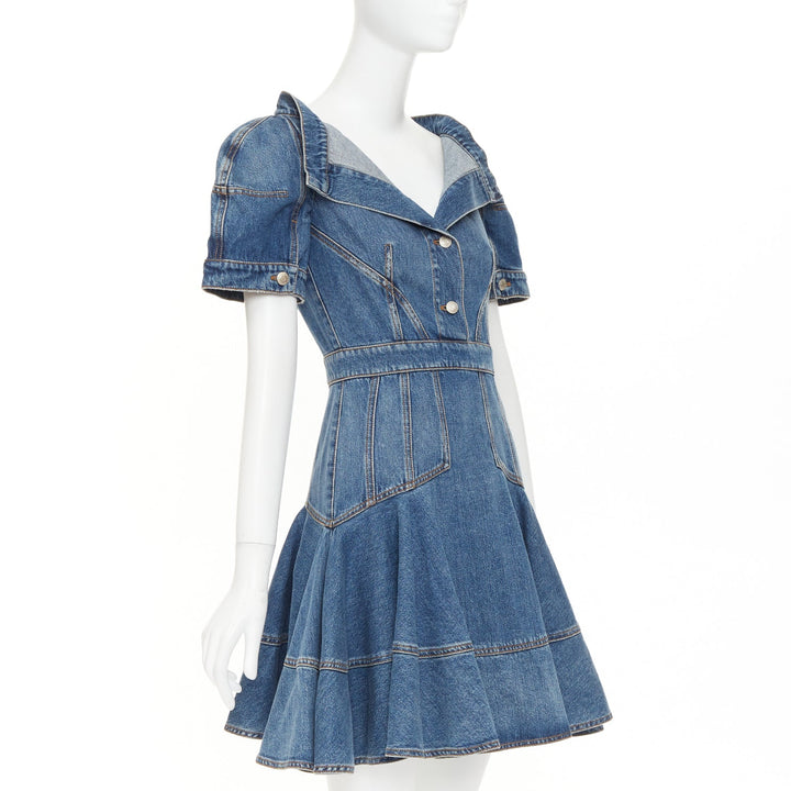 ALEXANDER MCQUEEN 2021 Runway blue denim open boat neck puff sleeve dress IT40 S