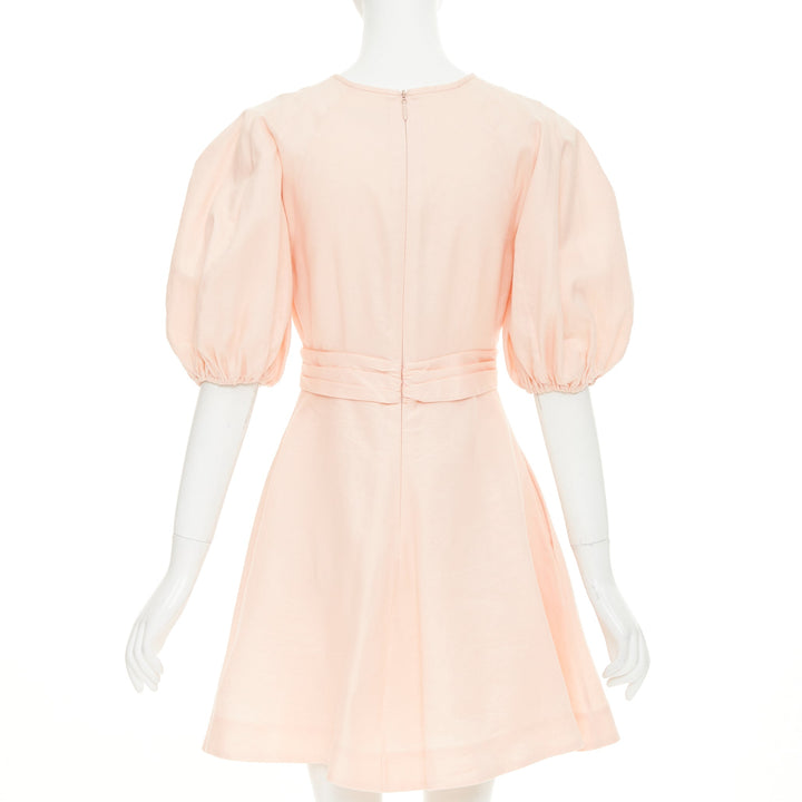 ZIMMERMANN 2022 Wrap Bodice soft blush pink linen puff sleeve dress US1 XS