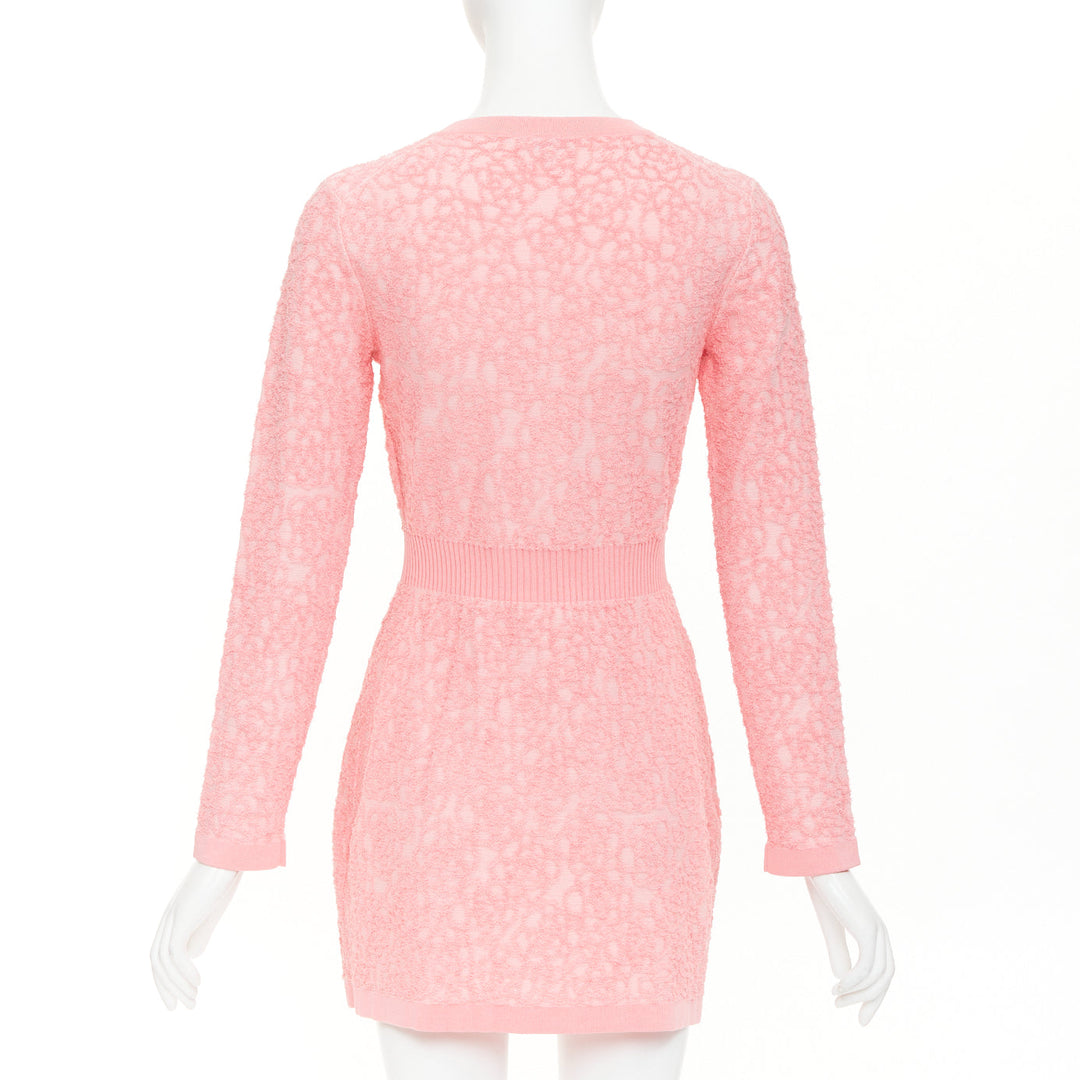 CHANEL 21C light pink embossed camelia boucle intarsia knit mini dress FR36 S