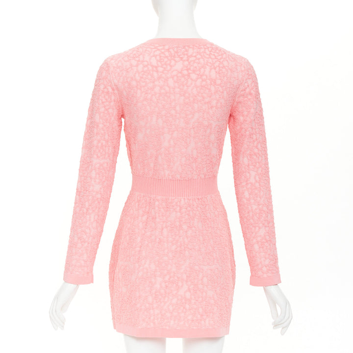 CHANEL 21C light pink embossed camelia boucle intarsia knit mini dress FR36 S