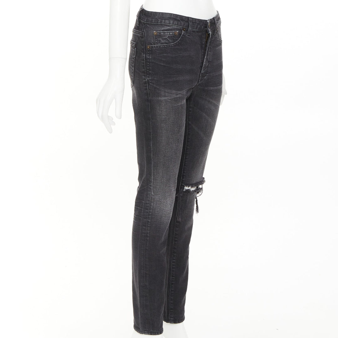 SAINT LAURENT D06 grey washed denim mid waist distressed skinny jeans 26"